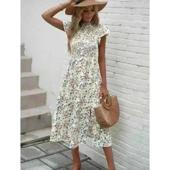 Sason White Floral Cap Short Sleeve Ruffle A-Line Flowy Boho Midi Dress Size S - Picture 2 of 10